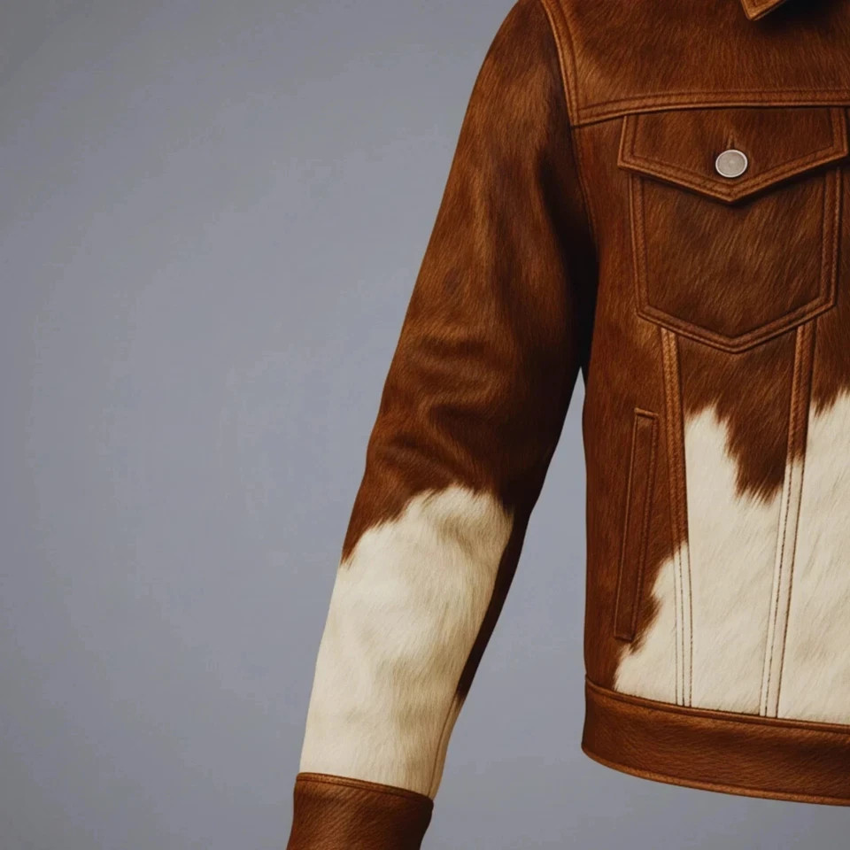 Men’s Cowhide Hair-On Jacket Pure Pony Skin Natural Brown and White Hide Jacket