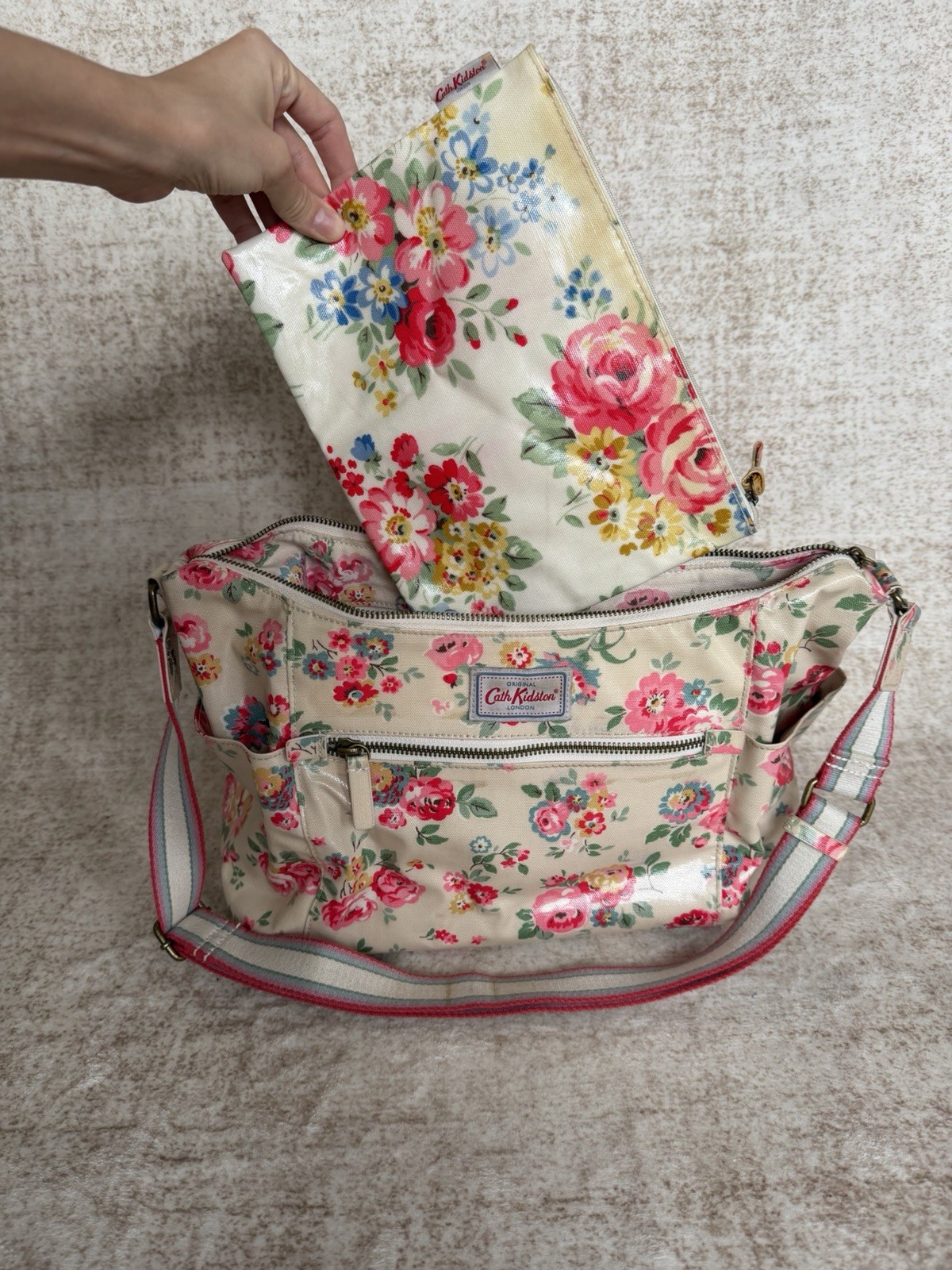 Cath Kidston Floral Oilcloth Crossbody Bag with Pouch Cream Pink Vintage