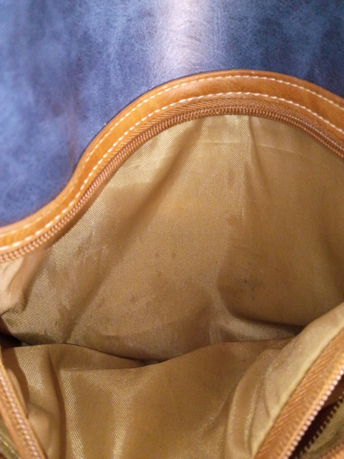 MultiSac Blue Brown Shoulder Bag Zipper Accent Zip Closure Pockets Brown Strap