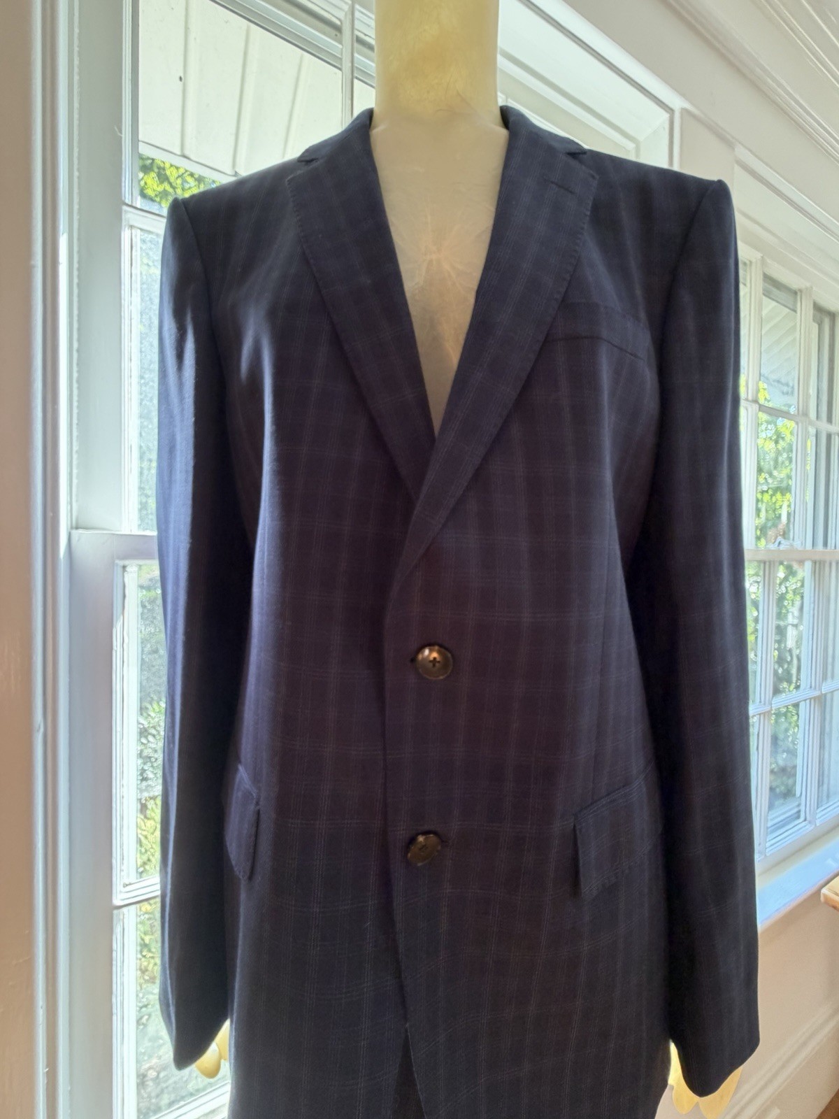 Men’s 40 R Hugo Boss Huge Blue Windowpane Check Plaid 100% Wool Flat Front Suit