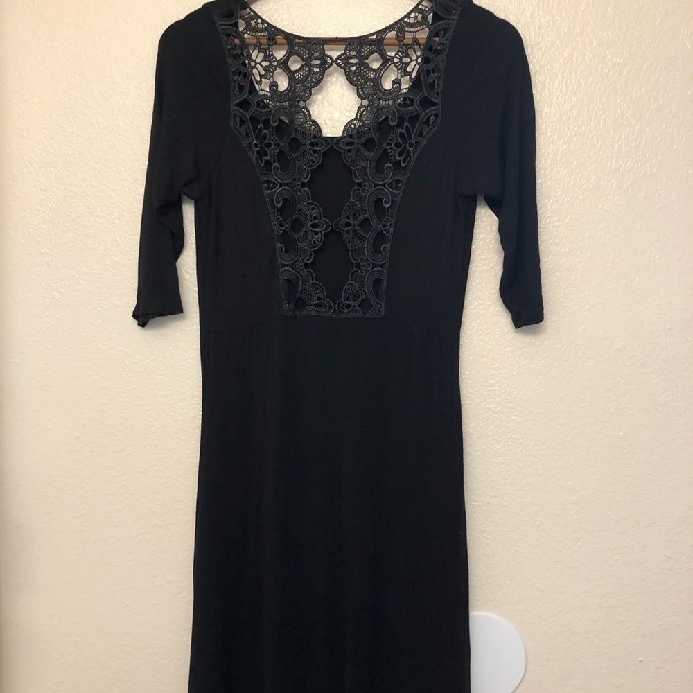 Lime N Chili black Romantic Goth stretch midi crochet lace open back dress S