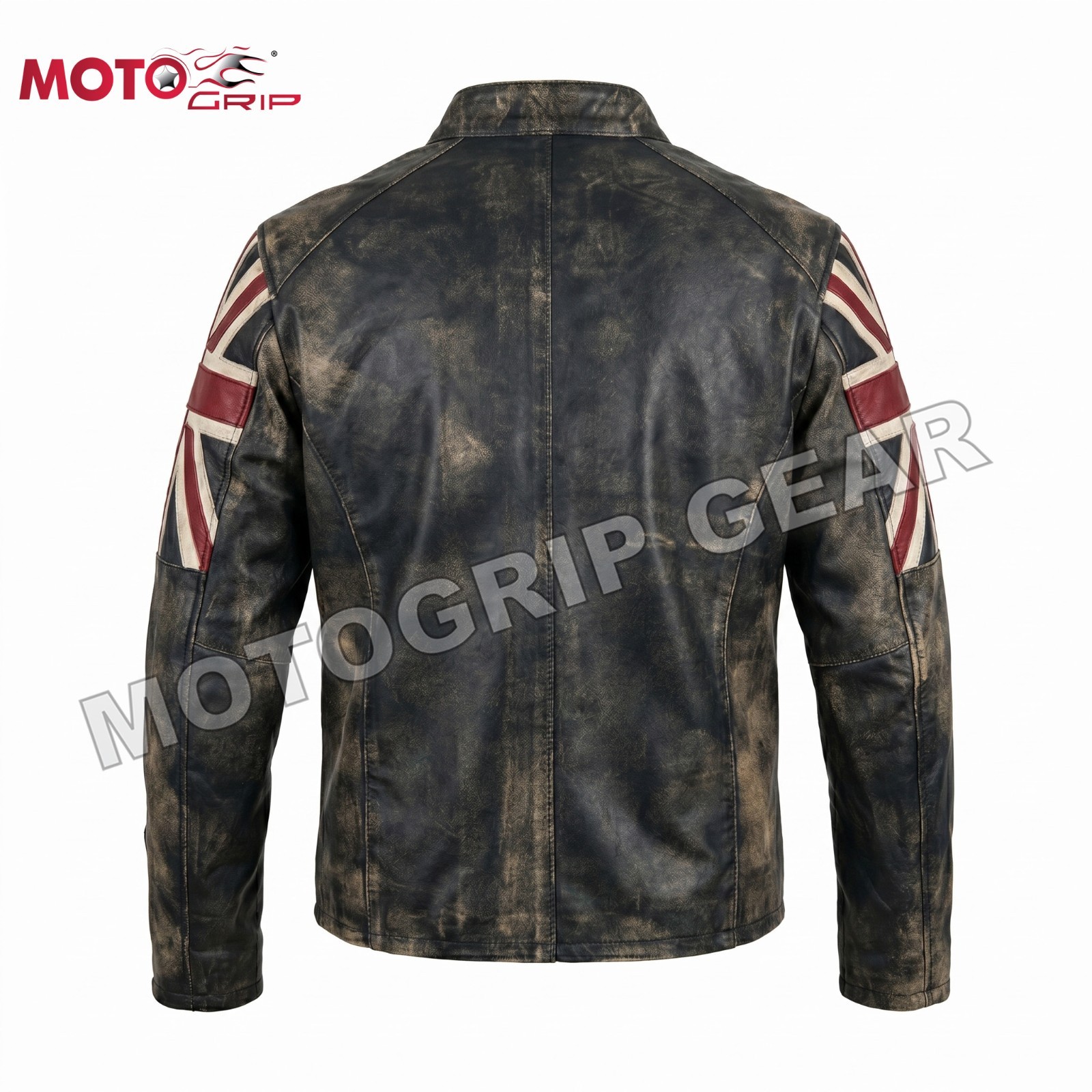 Men’s Biker Cafe Racer Motorcycle UK Flag Patch Vintage Distressed Black Leather