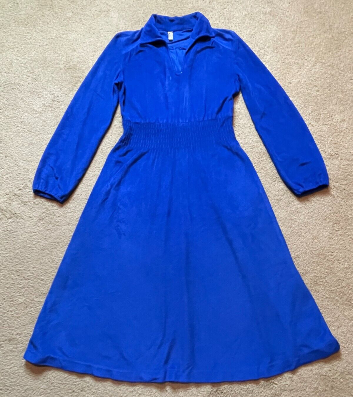 Vintage 1970s Hippie Velour Blue Butterfly Collar Disco Midi Shirt Dress S/M