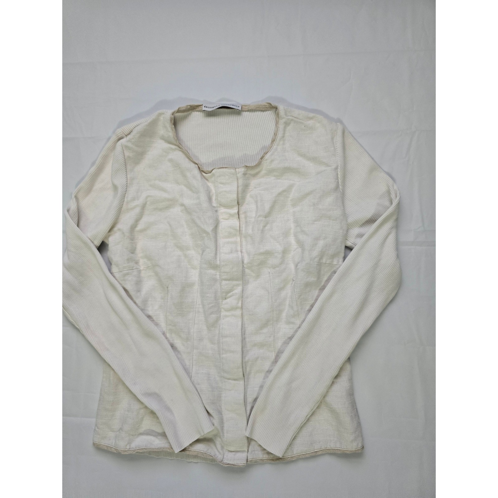 Brunello Cucinelli Cream Mixed Media Hook Eye Front Long S Top Small Cotton&Silk
