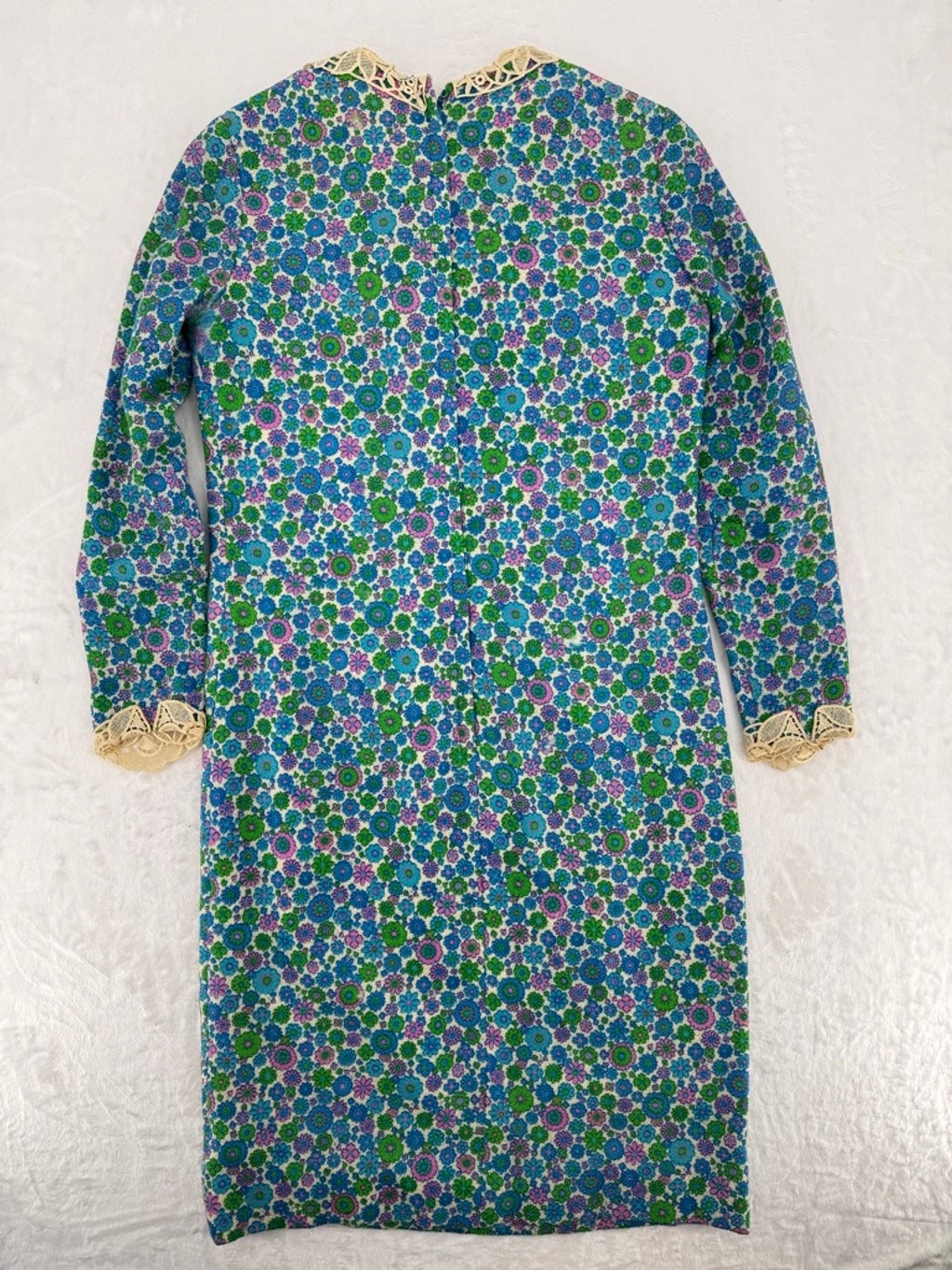 Vintage 1960s Bobbie Brooks Dress Floral Lace Trim Peter Pan Collar Bow READ