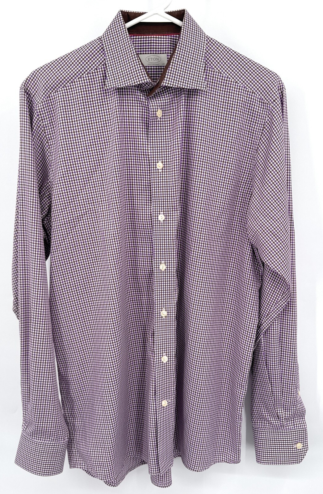 ETON Purple Brown Check 100% Cotton Long Sleeve Contemporary 42 16.5