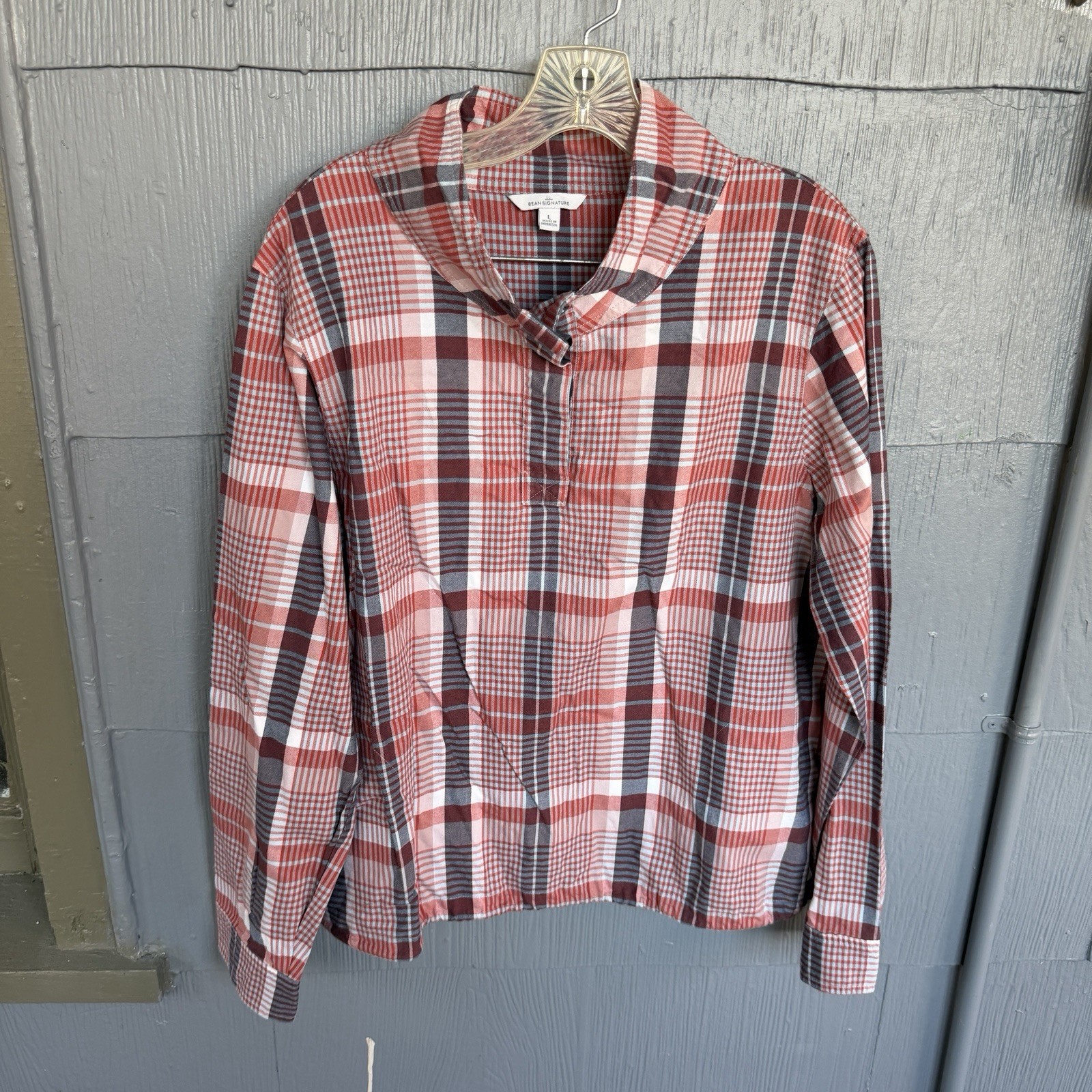 LL Bean Signature Pullover Top Women’s Large Gray Orange Plaid Cotton Collar