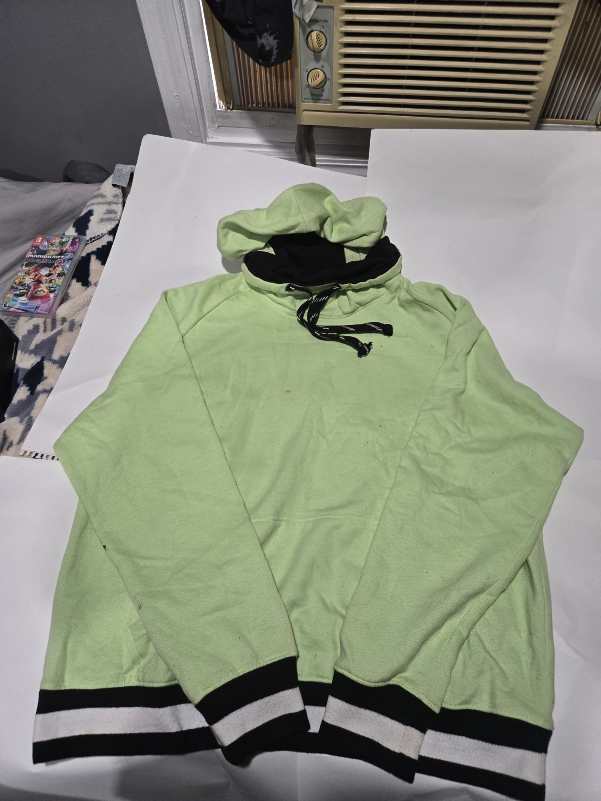 Women’s L Green Pullover Hoodie Half-Zip Hooded Cotton Knit Black/White