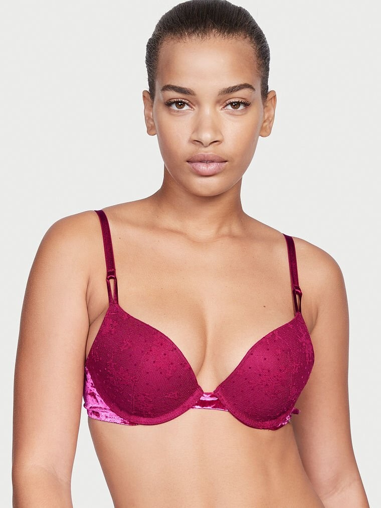 38DD Berry Pink LACE VELVET Wings Extreme Lift Victorias Secret Plunge PU UW Bra