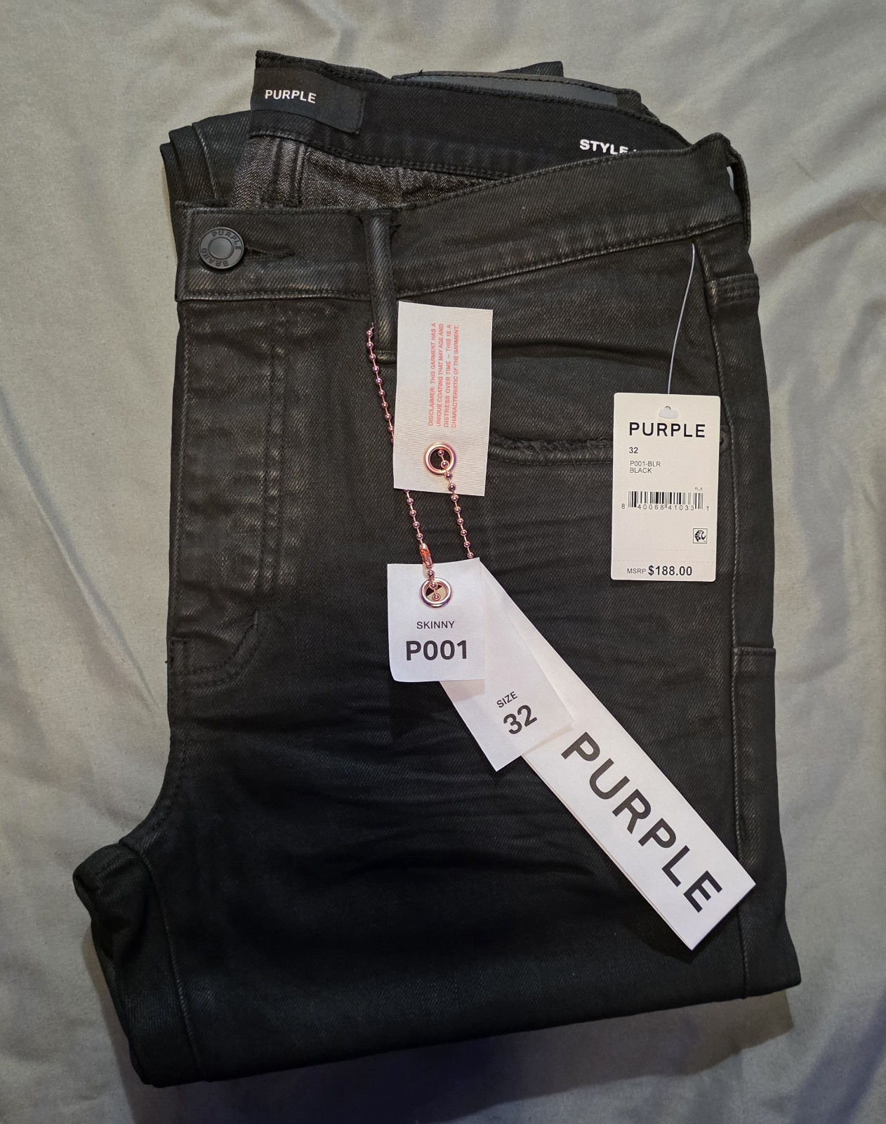 Purple Brand Jeans Black Resin 3/D P001 Size 32 Brand New Authentic