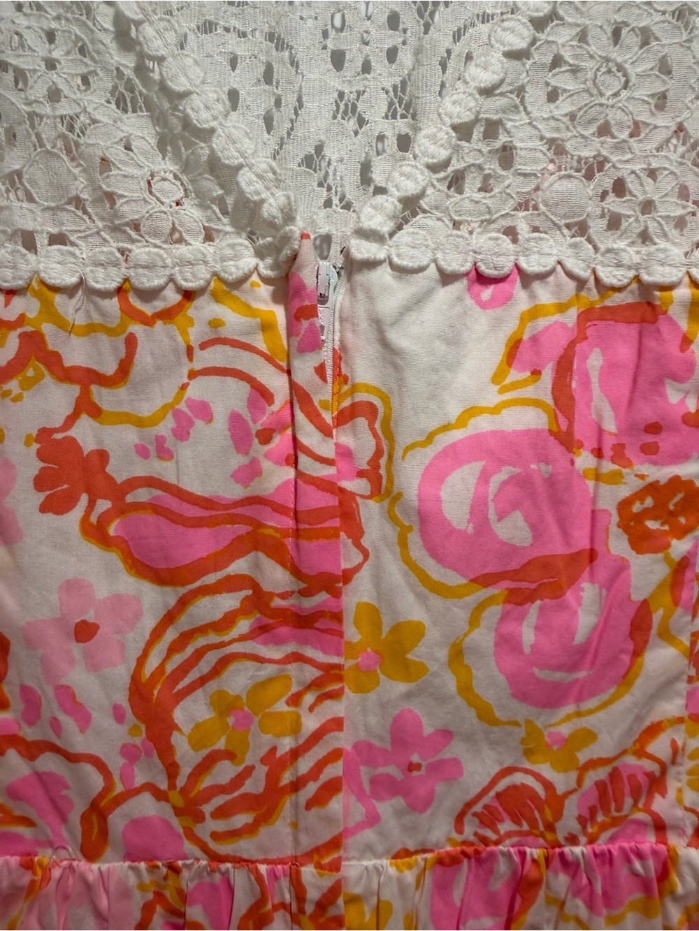 Lilly Pulitzer White Crochet Yoke Pink & Yellow Floral Mini Dress size 8