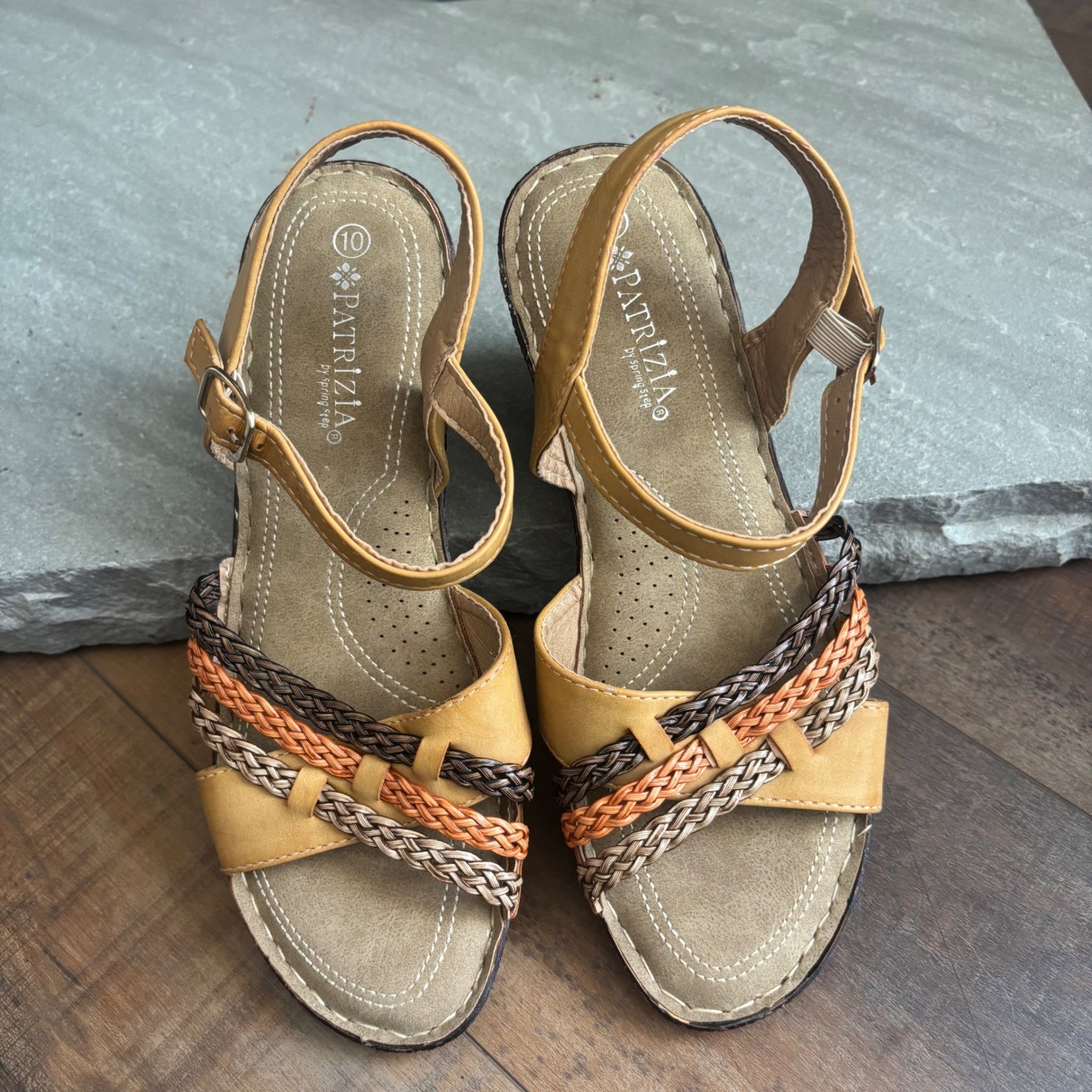 Patrizia Spring Step Wedge Sandals Mustard Yellow Multi Colored Braided Straps