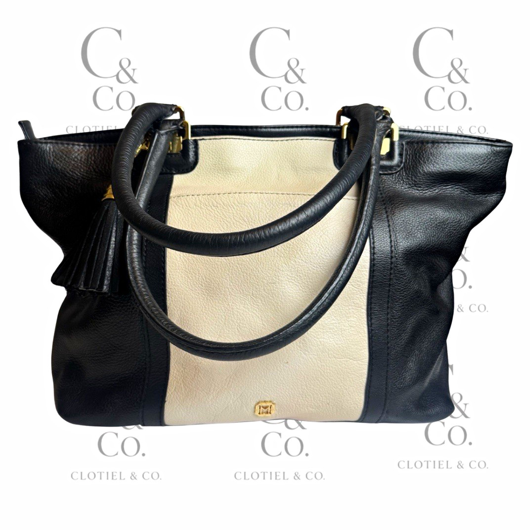 MONET Black/Beige Colorblock Tote Zip Lined Inner Pockets Tassel Charm Gold
