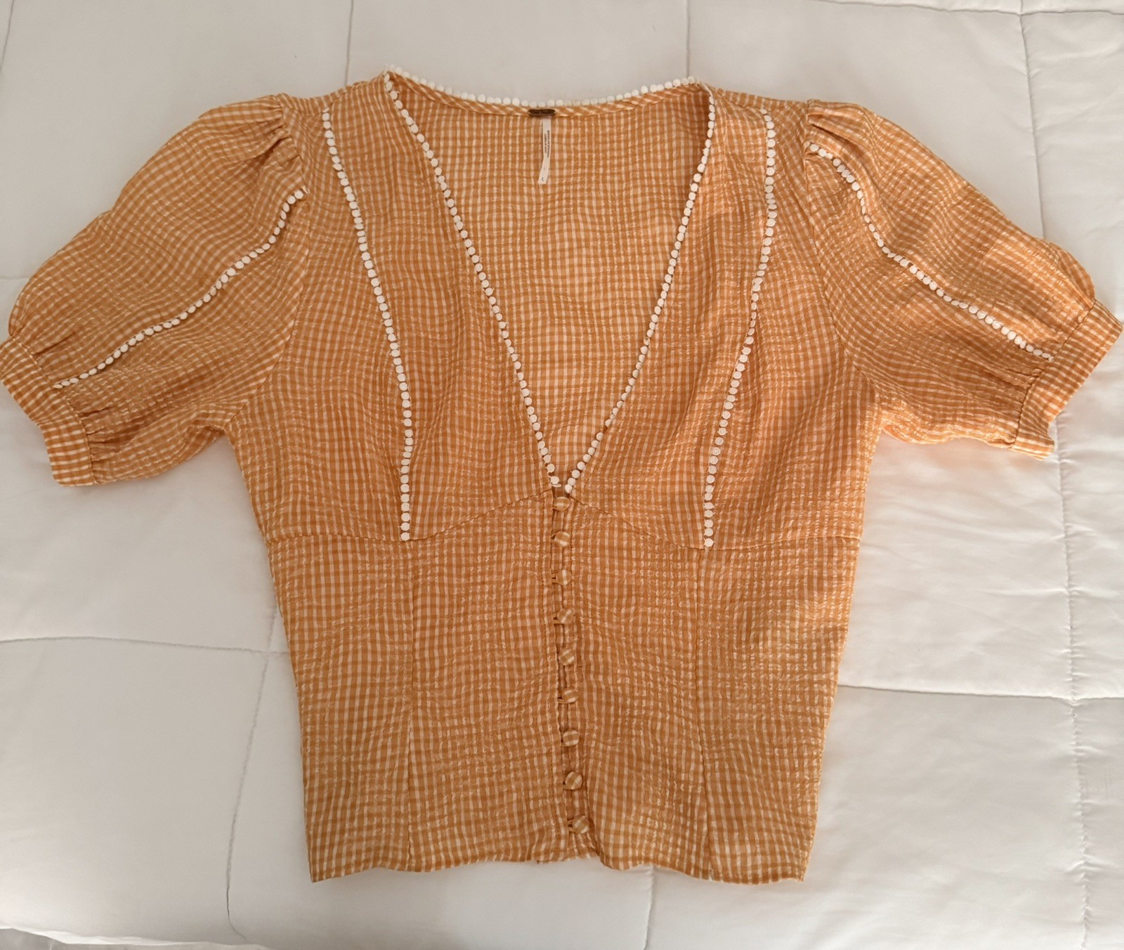 Free People Orange mustard Gingham Blouse Women’s Size Large