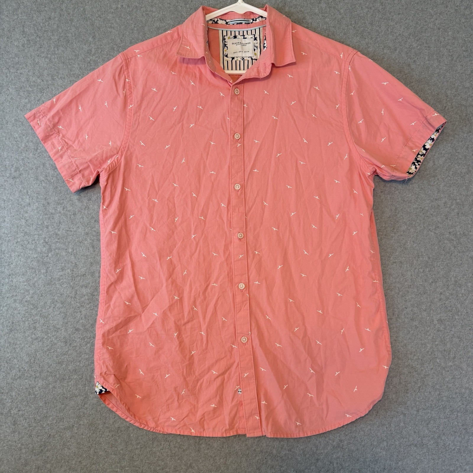 Denim & Flower Ricky Singh Short Sleeve Preppy Button Down Pink Bird Shirt Sz S