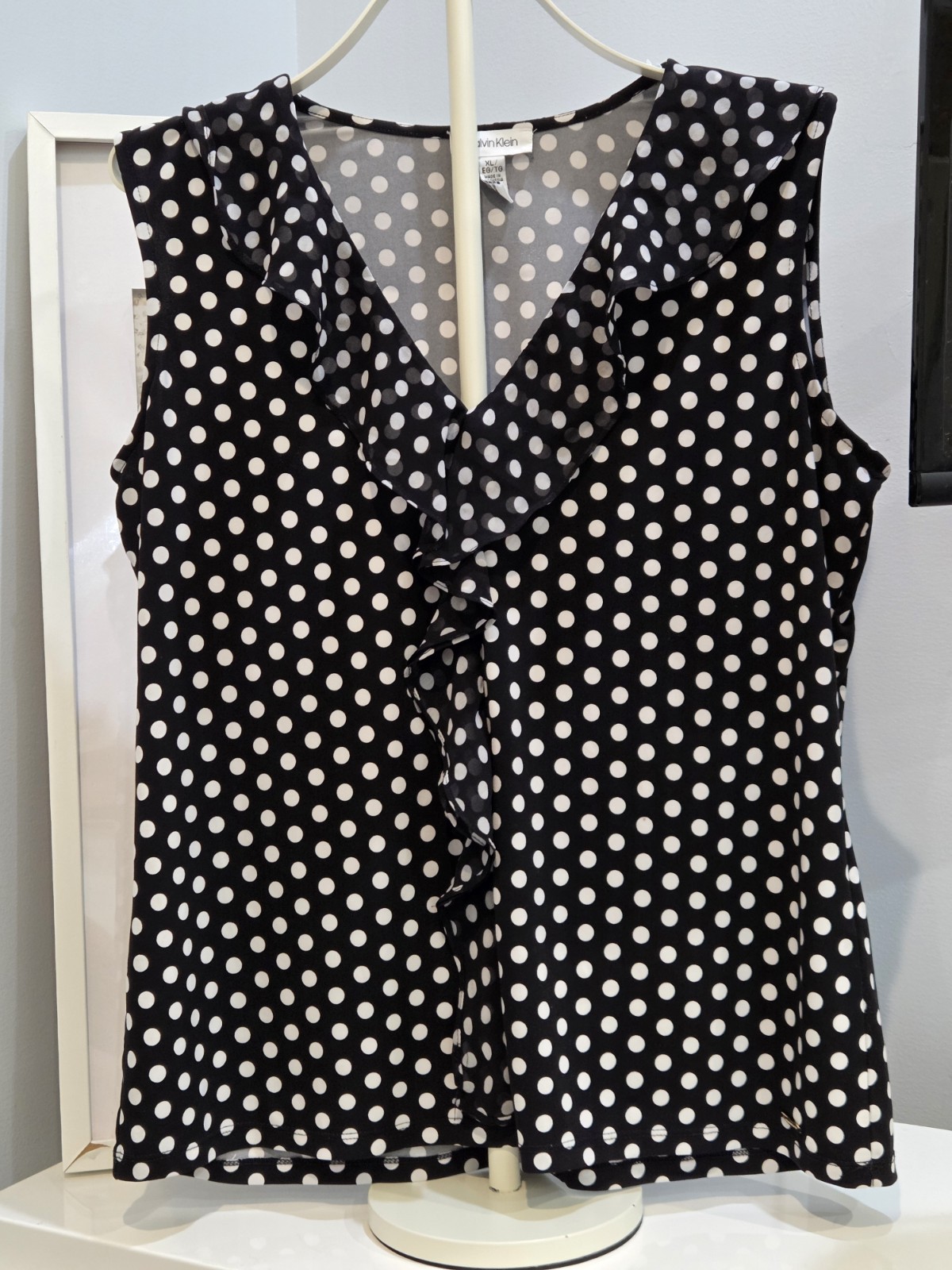 Calvin Klein Women V Neck Sleeveless Blouse Polka Dot Blue White Size XL