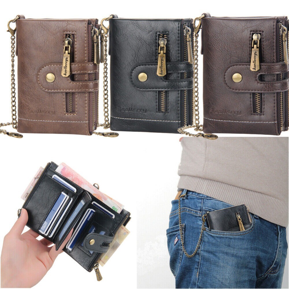 Bifold Double Zipper Coin Pocket Leather Purse Men Wallet with Anti-Theft Chain