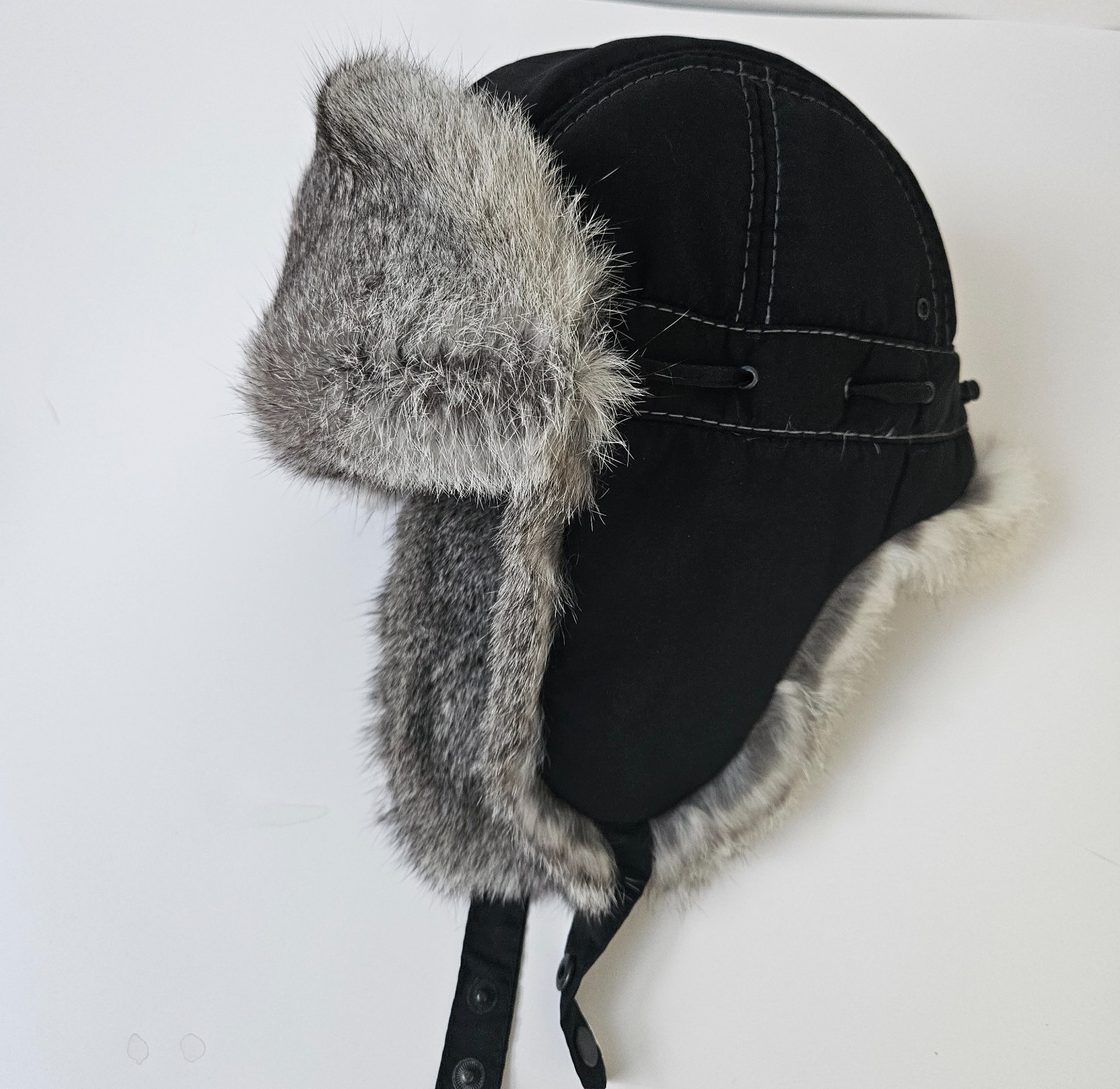Men Real Fur Ear Flap Hat Ushanka Rabbit Fur Aviator Trapper Hat Unisex 58 cm