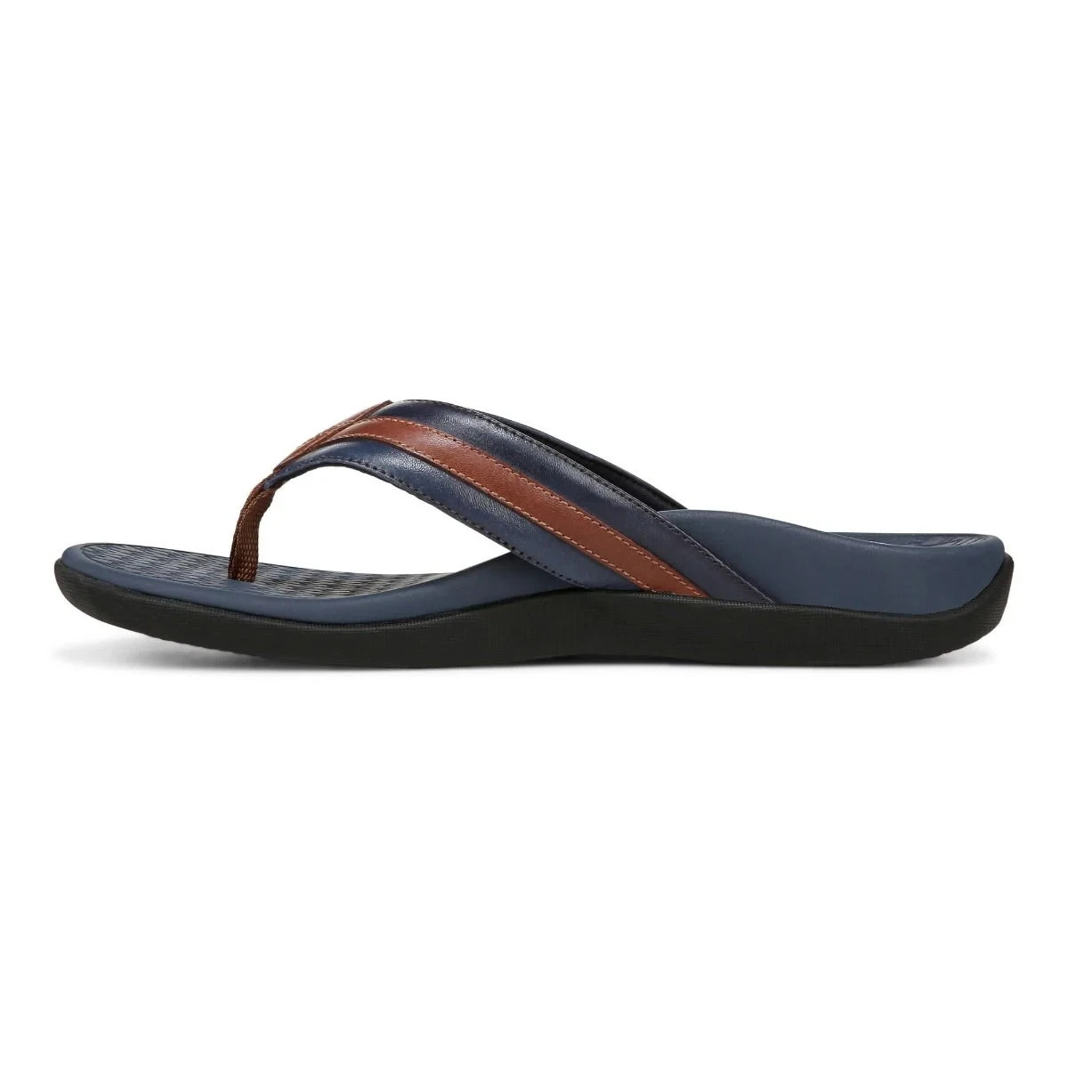 Vionic Tide II Men Toe Post Sandal Orthotic Flip Flop Navy Brown Leather New