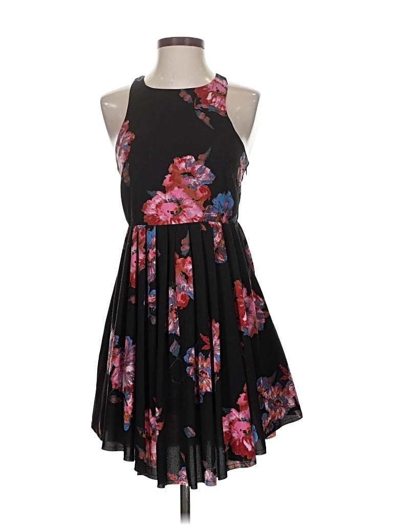 Free People S Black Floral Halter Sleeveless Fit & Flare Knee Dress Keyhole