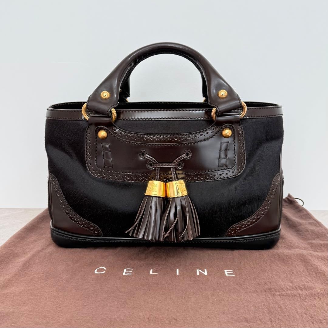 CELINE Calf Hair Boogie Bag Leather Dark Brown Tassel Vintage Japan F/S USED