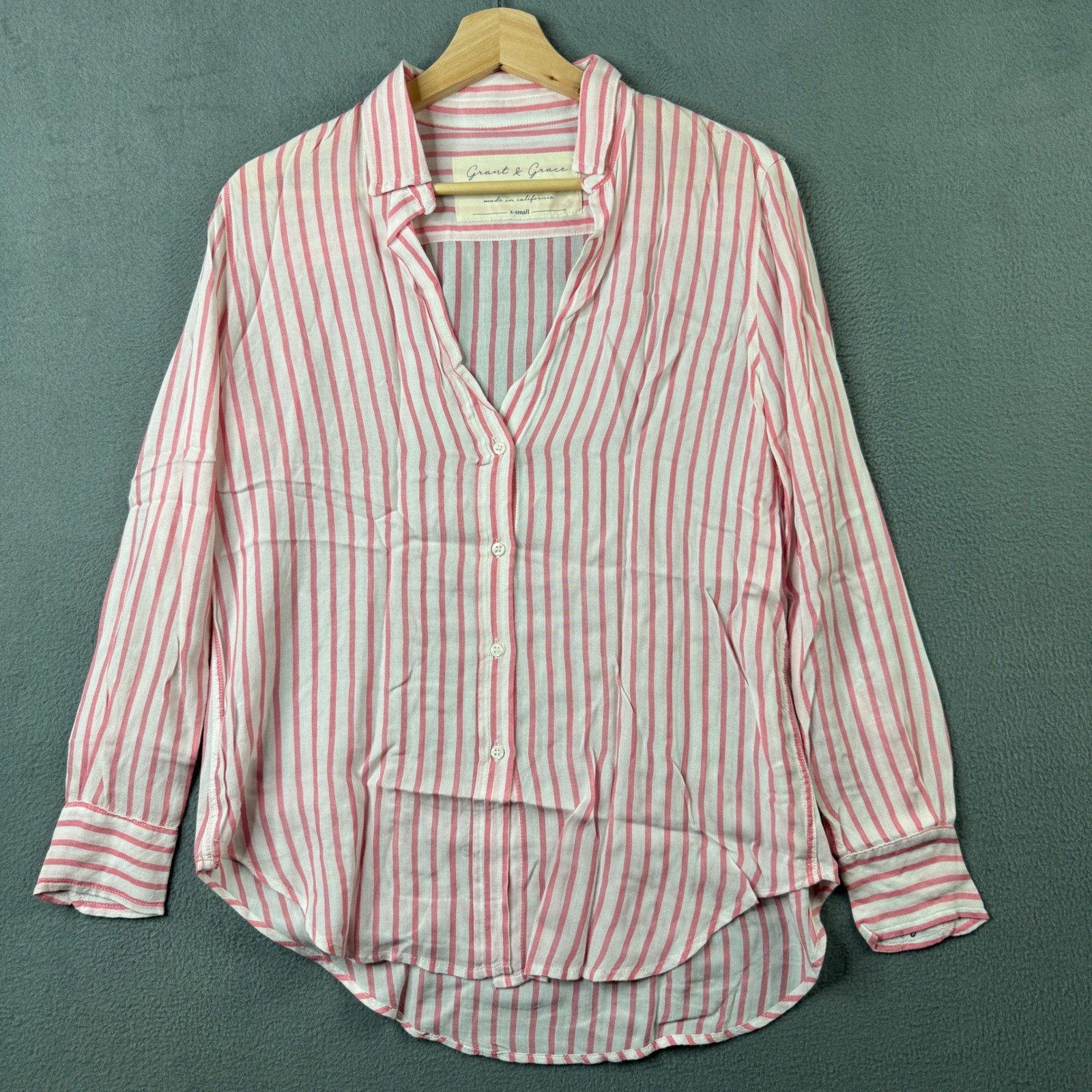 Grant & Grace The St. Tropez Pink White Striped Rayon Button Up Shirt XS Light