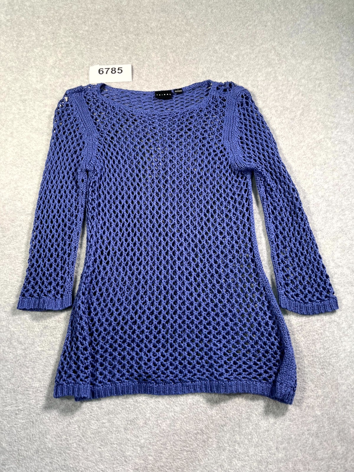 Tribal Sweater Womens Large Blue Open Knit Crochet Boat Neck Casual Outdoor