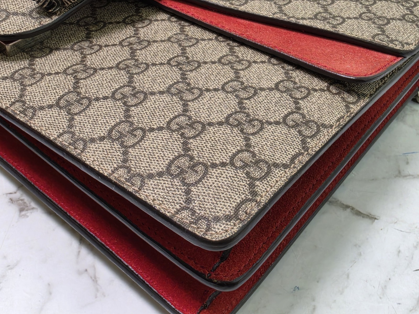 Gucci Dionysus GG Supreme Large Shoulder Bag Beige/Ebony with Red Suede Trim
