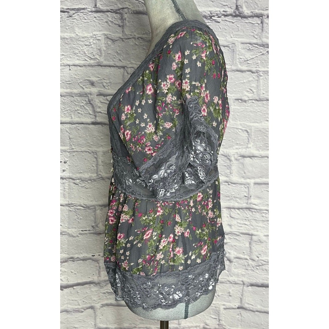 Passport Floral Sheer Boho Cottagecore Kaftan Style Blouse with Lace Trim