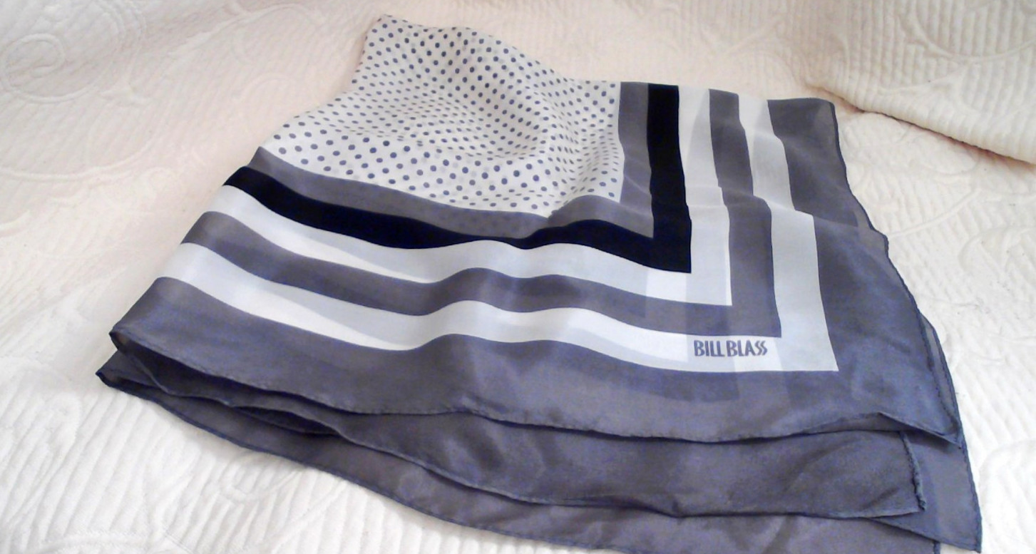 Bill Blass All Silk Scarf 27″ x 28″ Black Gray White Dots Stripes Roll Hem Wt NF