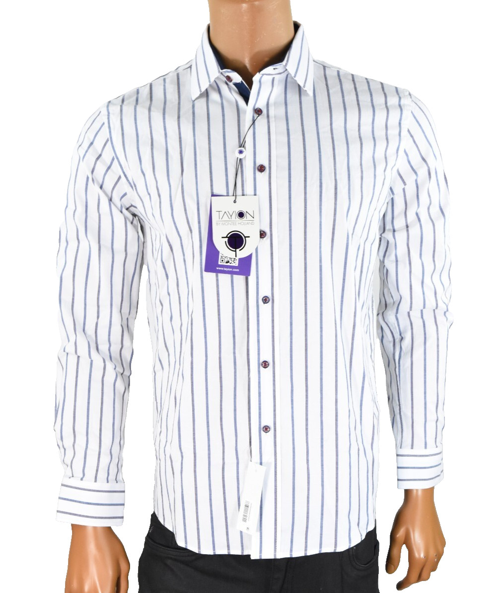 Tayion By Monte Holland Mens Dress Shirt New M 15-15.5 32/33 White Blue Stripe
