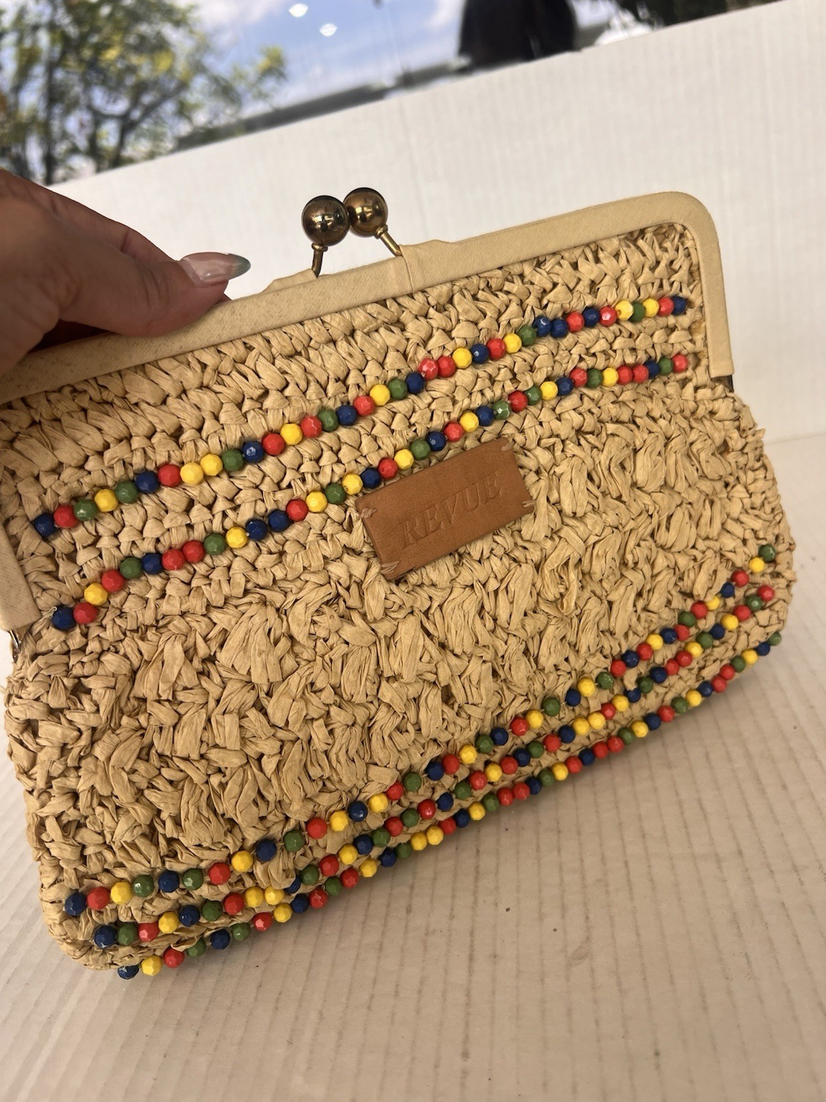 REVUE Beaded Kiss Lock Clutch Natural/Multicolor Gold Hardware Rectangle