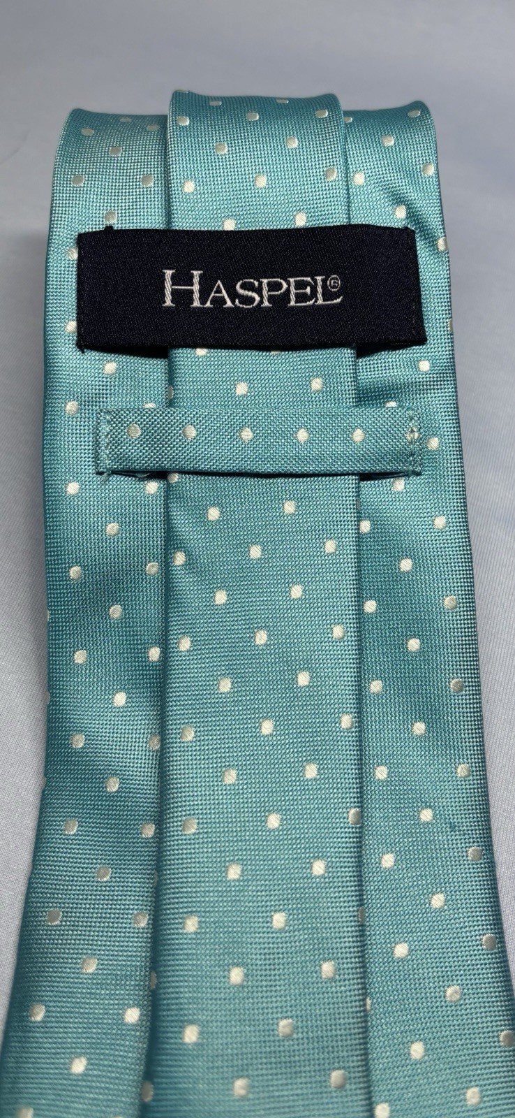 Haspel Lustrous Silk Tie Soft Mint Color With Pin Dot Design 60″ X 3.5″