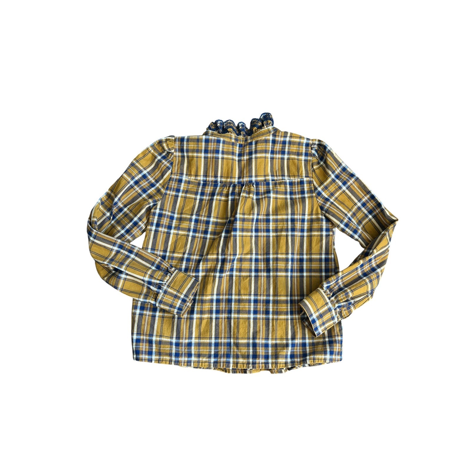 Sezane Chlo Shirt Mustard Yellow Navy Plaid Ruffle Lace Organic Cotton Blouse 36