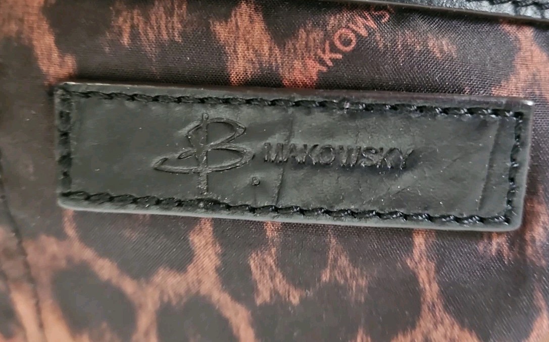 B Makowsky Black Leather Bag Purse Silvertone Hardware Animal Print Lining
