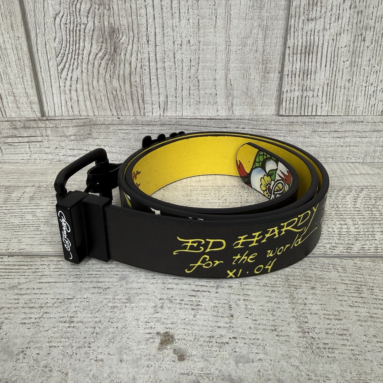Ed Hardy Men’s Size 36 Reversible Black Leather Belt Dragon Heart Skull Tattoos