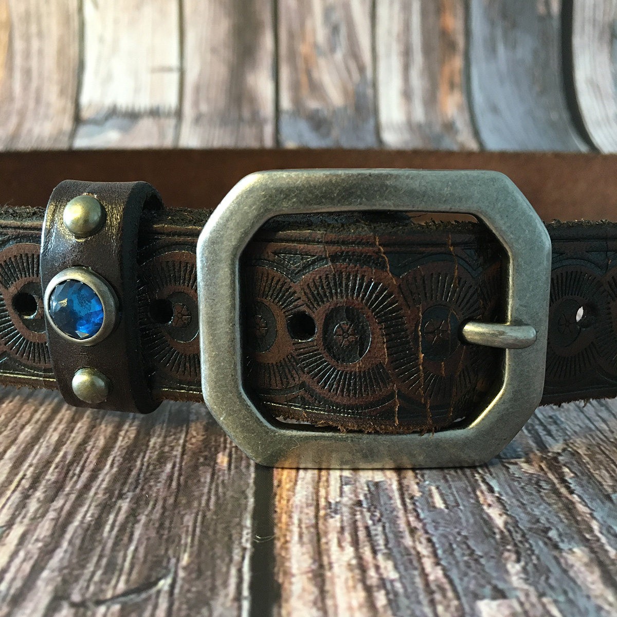 RRL Double RL Vintage Western Brown Tooled Leather Belt with Blue Gem Size 34