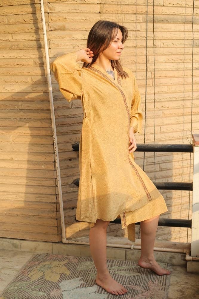 Pure Silk Midi Kimono Knee Length Gown Silk Robe PS MKMO2016