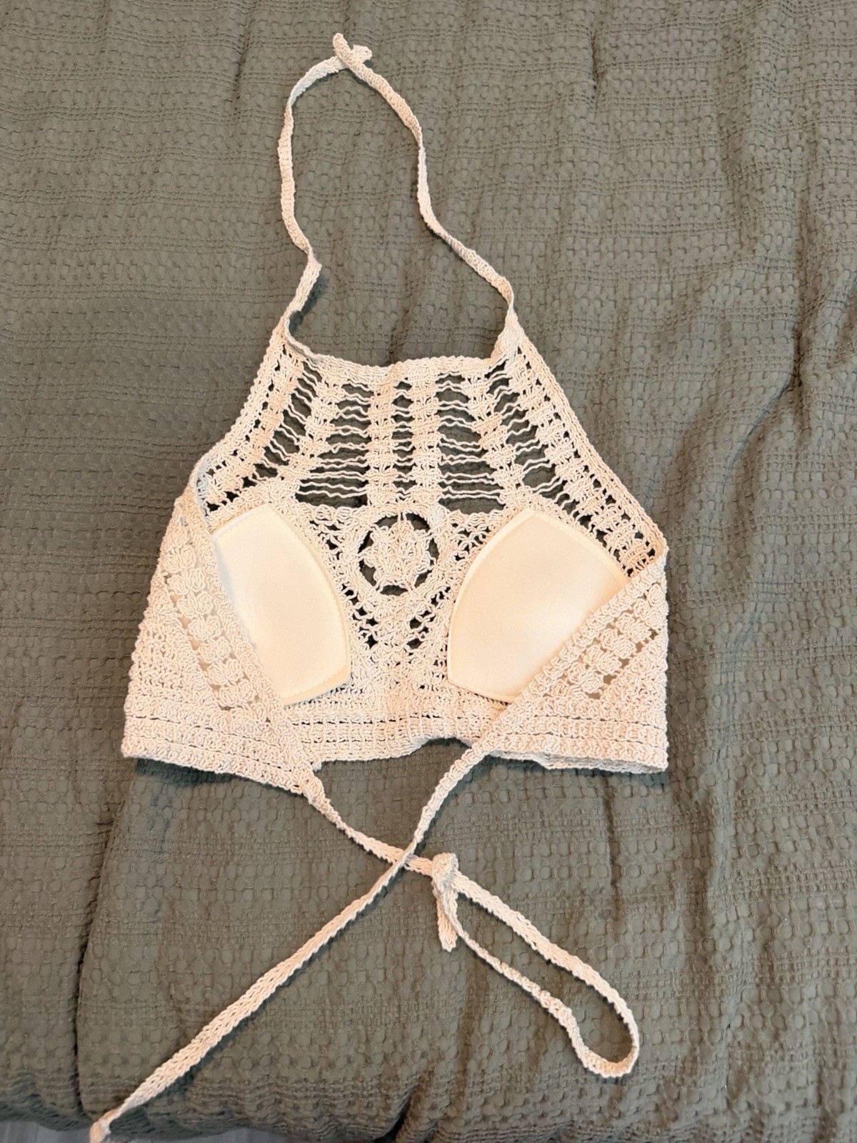 White Crochet Bandeau Bikini Swim Top Halter Strap Solid Beach Size S Cup B