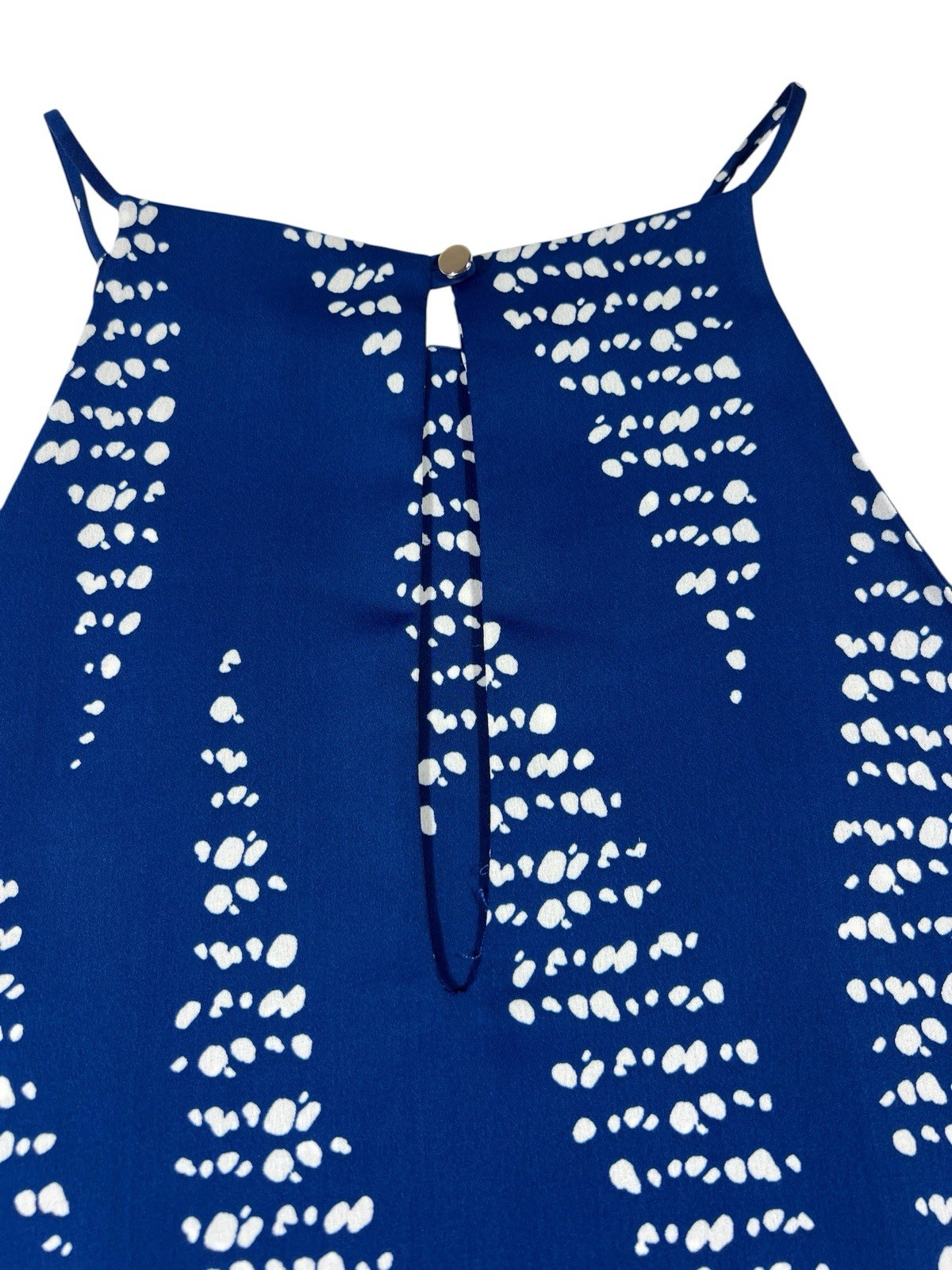 TYCHE blue/white leaf pattern halter shift mini dress size MEDIUM high neck EUC