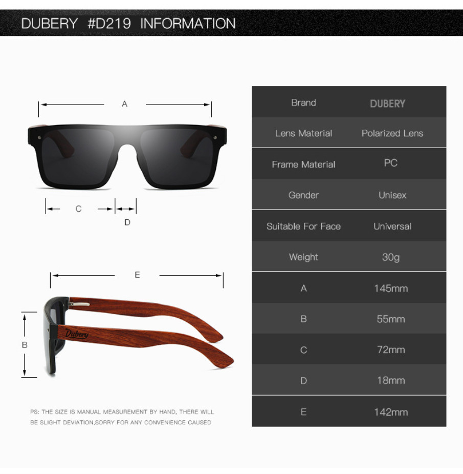 DUBERY Rimless Wood Polarized Sunglasses Men Women Square Wooden Temple Glasses