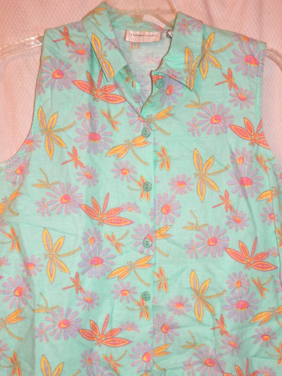 Lemon Grass Women’s Linen Blend Sleeveless Blouse Sz L Mint/Floral Dragonfly