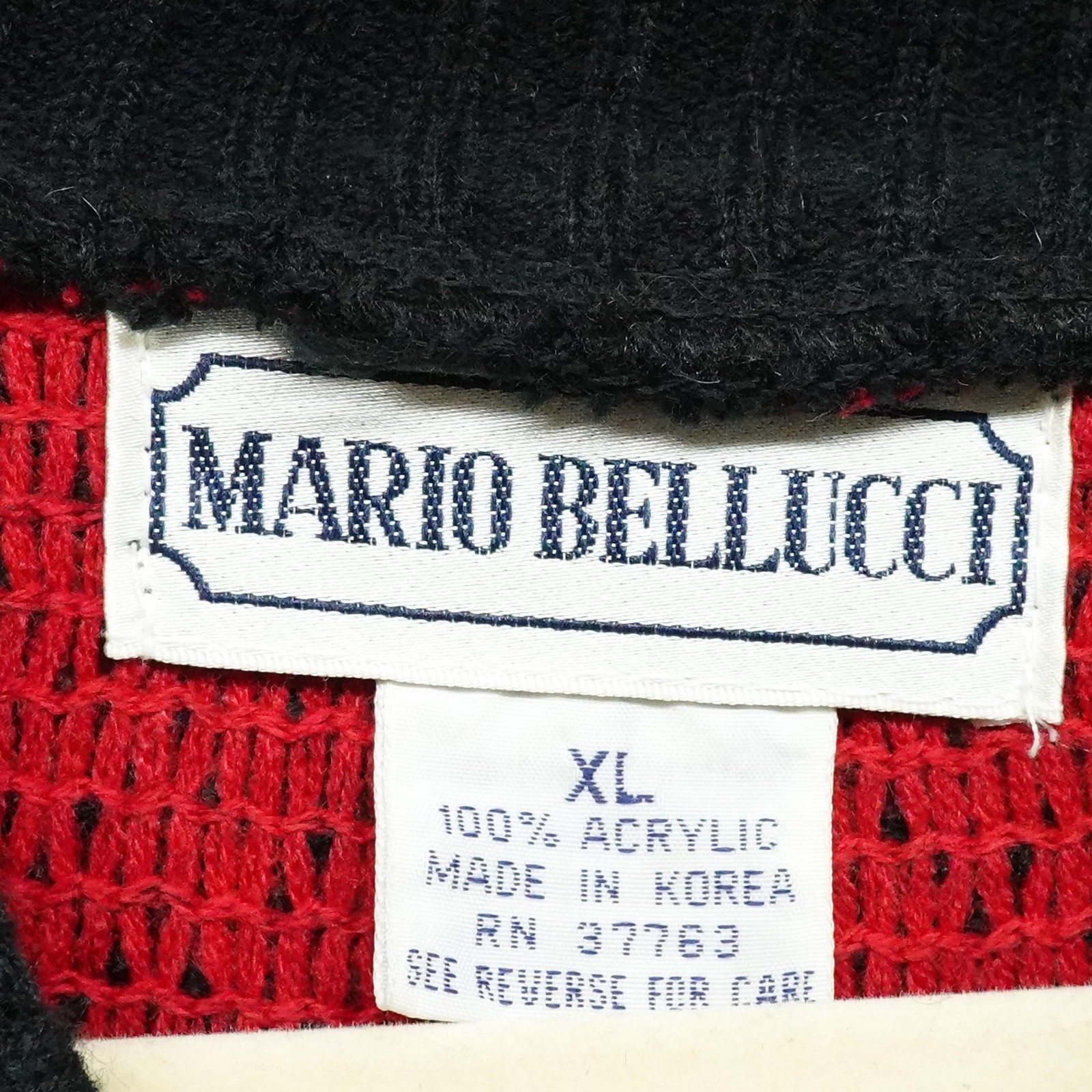 Vintage Mario Bellucci Sweater Mens XL Black Red Textured Leather Patch 90s