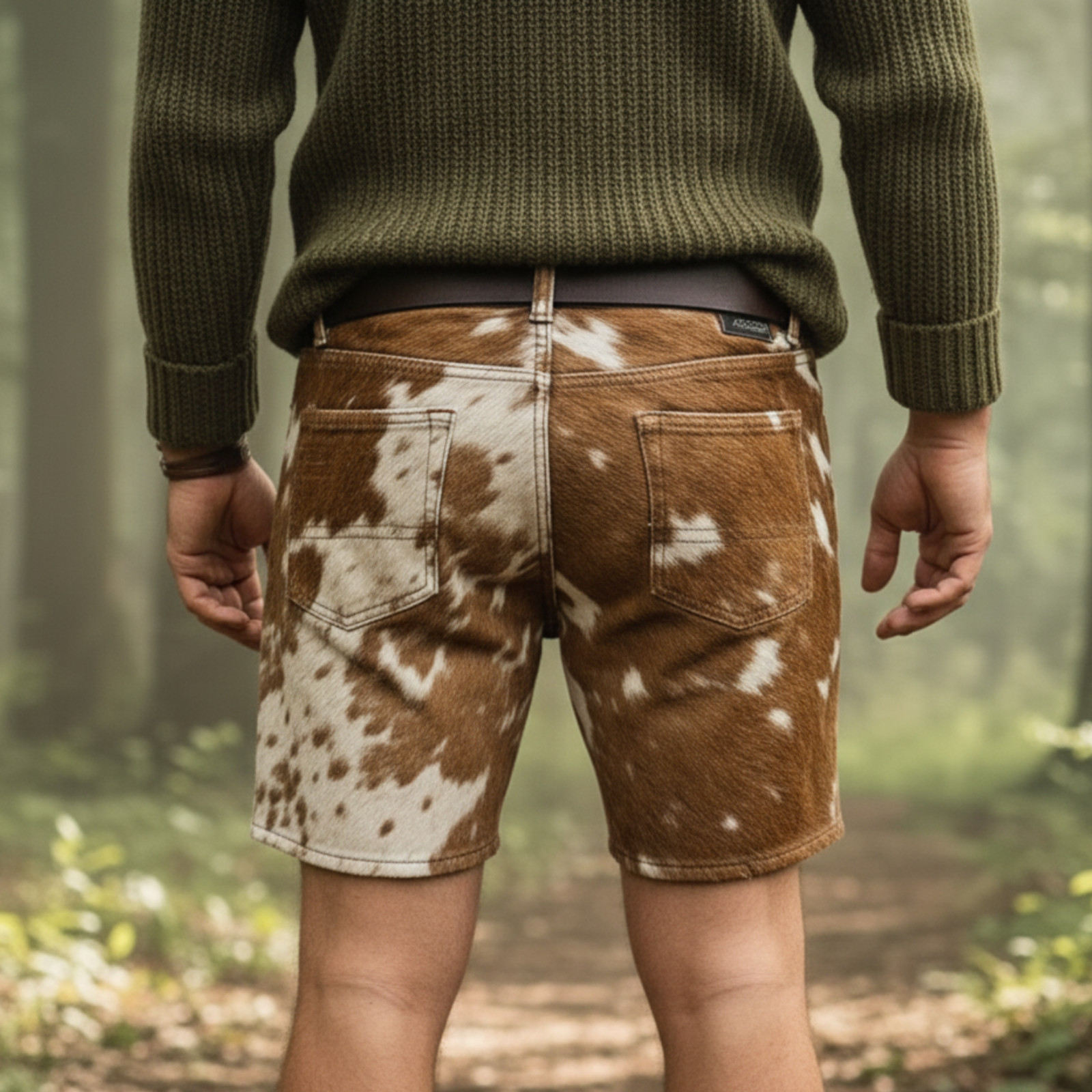 Men’s Brown White Genuine Cowhide Leather Shorts Hair On Hide Biker Shorts
