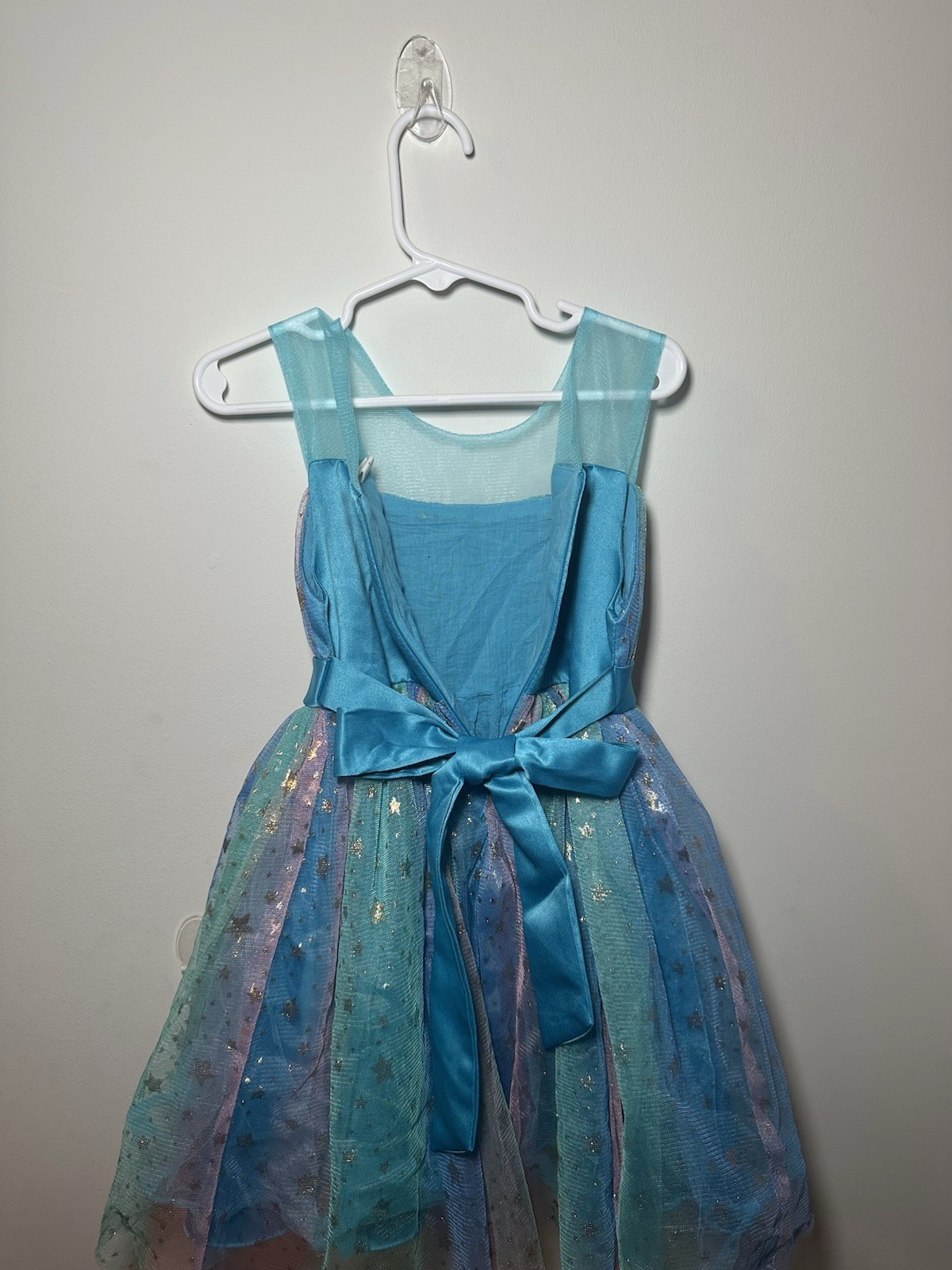 5T/5Y Elegant Sheer Rainbow Tulle Dress With Bows And Gold Stars For Girls