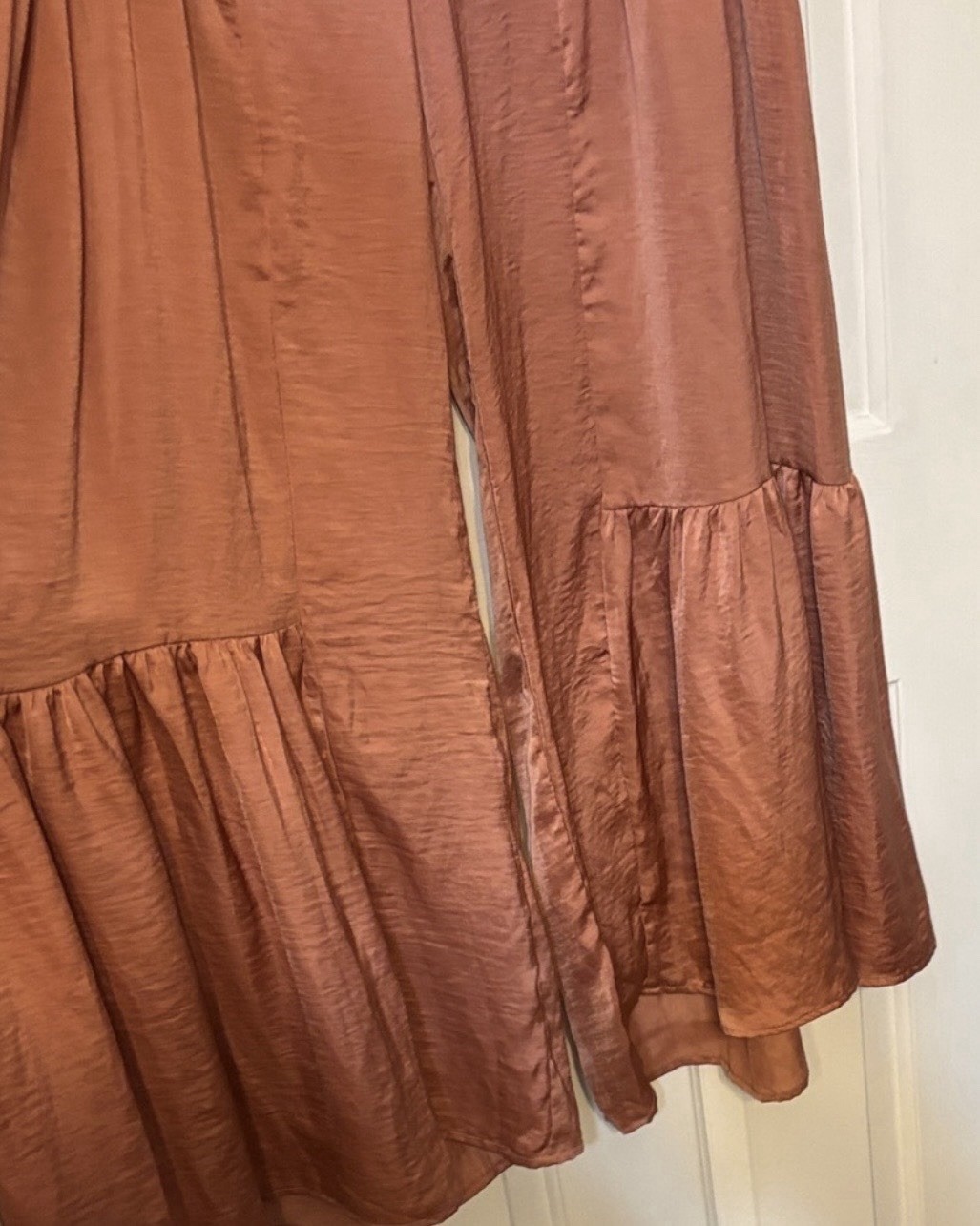 ee:some Women’s Boho Brown Solid Wide-Leg Pants Smocked Tie Ruffle 31″