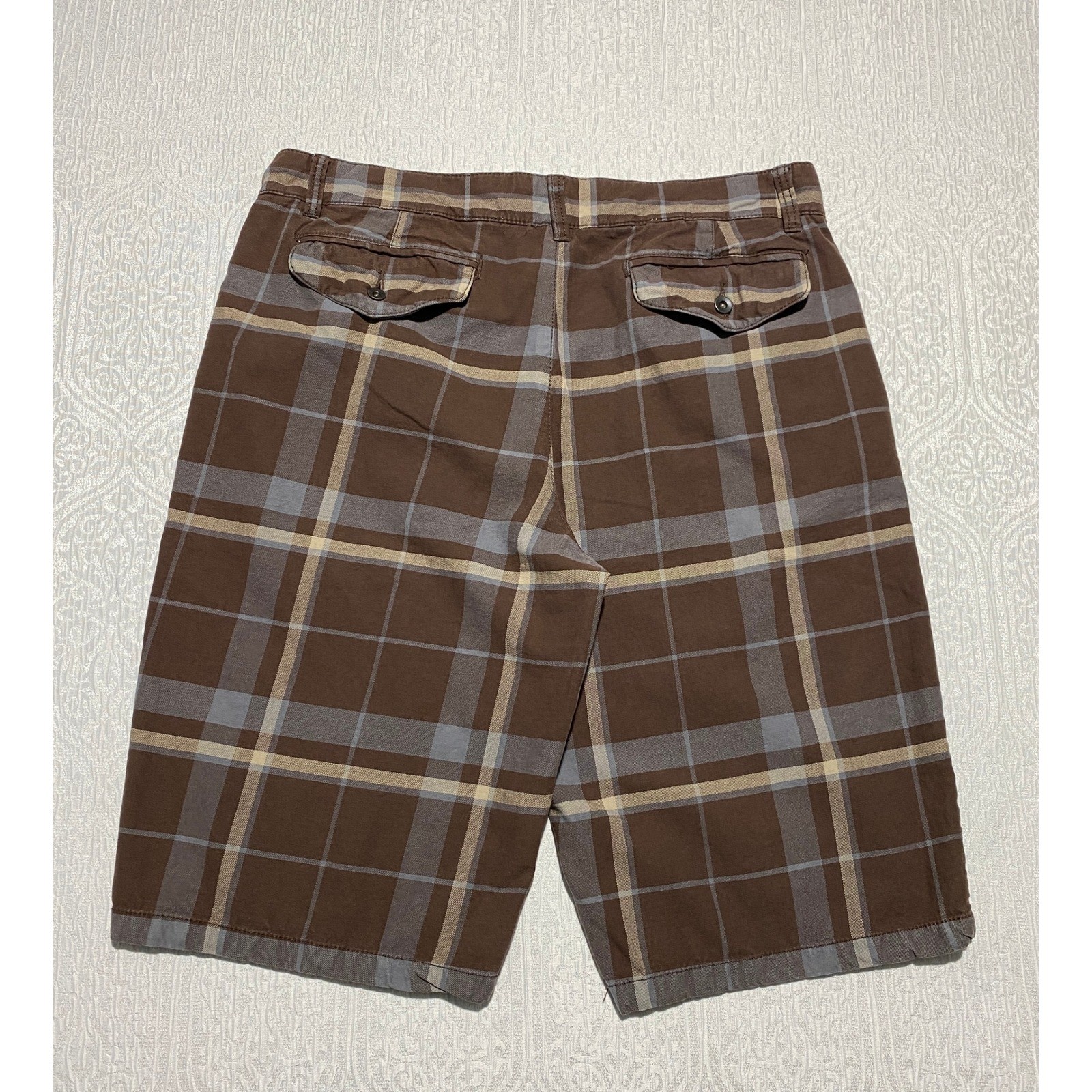 UTILITH Mens Plaid Shorts Size 38 Brown Blue Tan Casual Flat Front