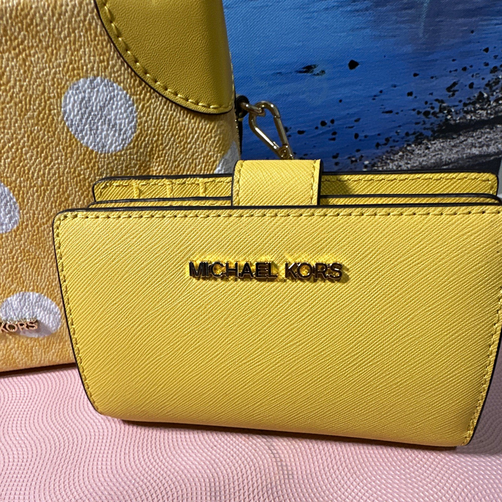 Michael Kors Yellow/White Polka Dot Zip Trunk Crossbody Purse and Wallet