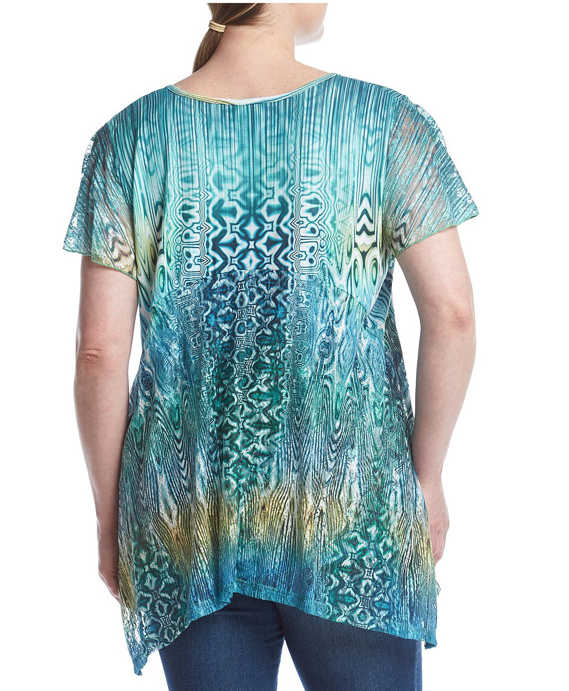 ONE WORLD GREEN BLUE PRINTED EMBELLISHED W/ LACE SHARKBITE HEM TOP PLUS Sz 1X
