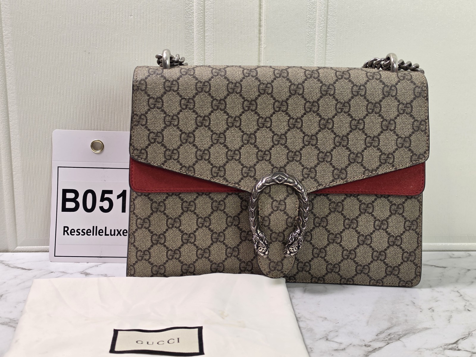 Gucci Dionysus GG Supreme Large Shoulder Bag Beige/Ebony with Red Suede Trim